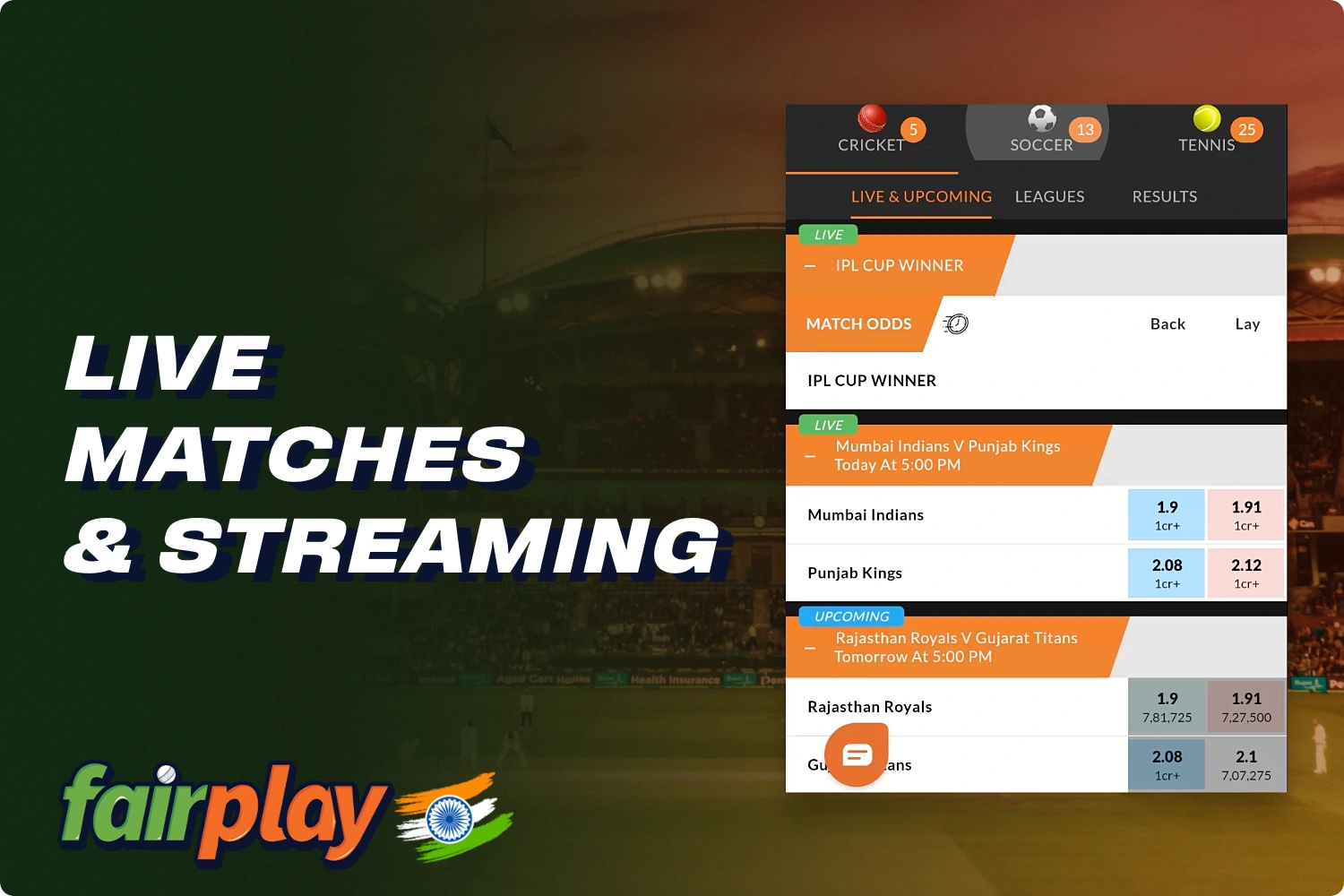 On the Fairplay platform you can not only place live bets but also watch live matches
