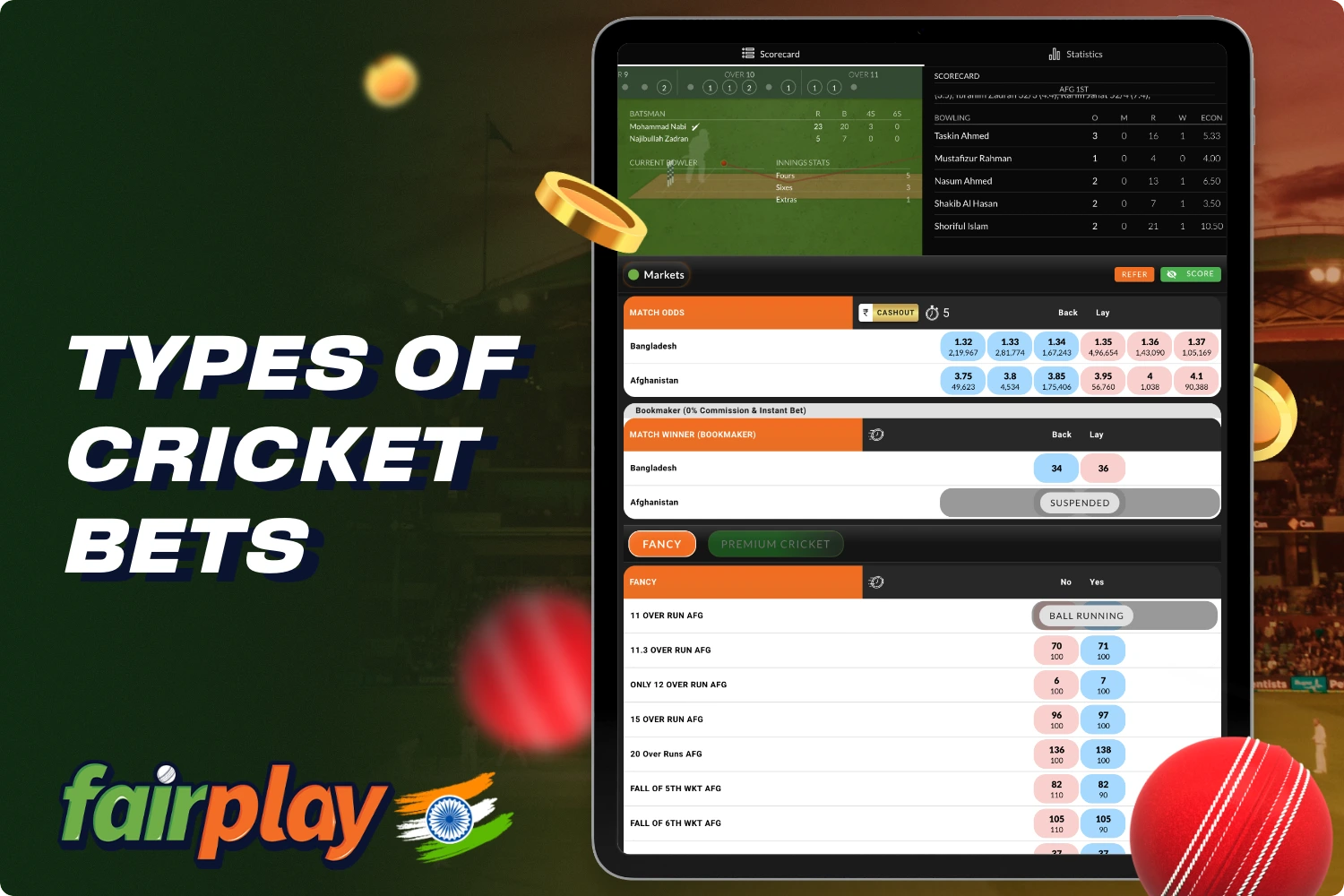 Different types of cricket bets are available at Fairplay